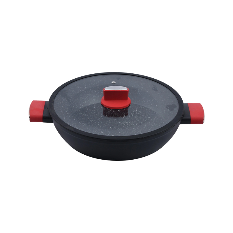 Forged aluminyo mababaw na casserole na may silicone rim glass takip
