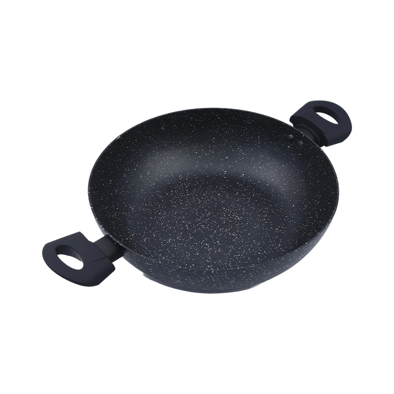 Pinindot ang aluminyo wok na may 2 hawakan na hawakan